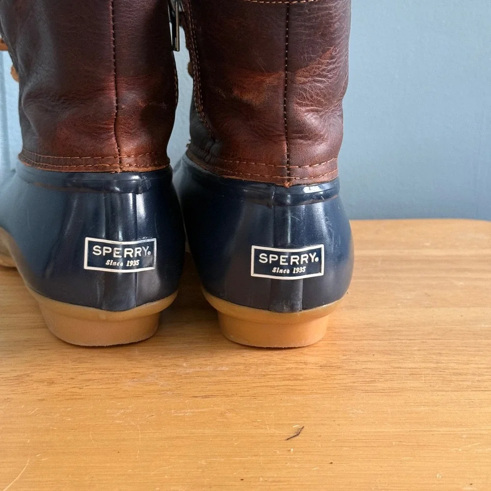 Sperry Saltwater Duck Rain Boot Womens 9 Navy Zip Leather Waterproof STS91175